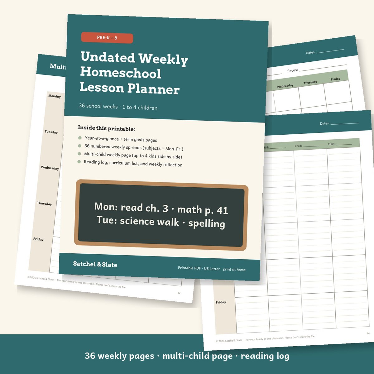 Undated Weekly Homeschool Lesson Planner: 36 Weeks, 1 to 4 Kids (Printable PDF)